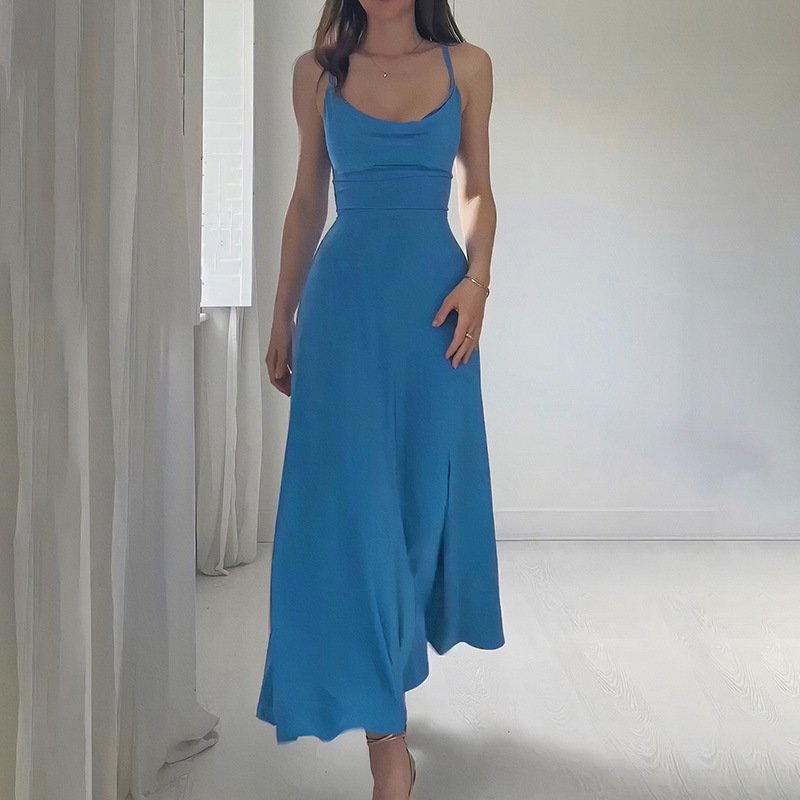 New Arrival Summer Elegante Slim Long Dress Low Collar Hige Waist Tie Spaghetti Strap Backless Dress Women Casual dress