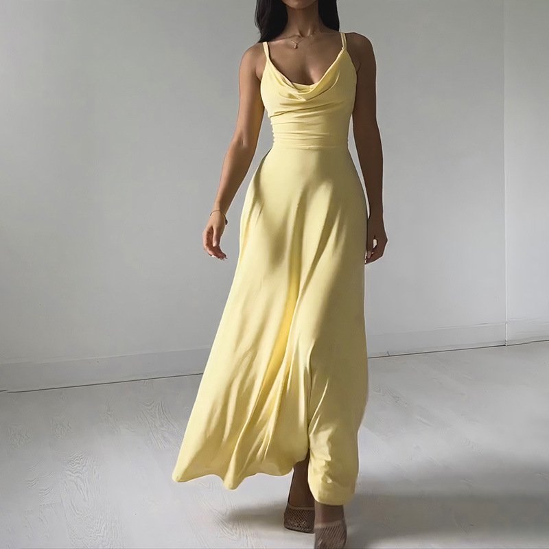 New Arrival Summer Elegante Slim Long Dress Low Collar Hige Waist Tie Spaghetti Strap Backless Dress Women Casual dress
