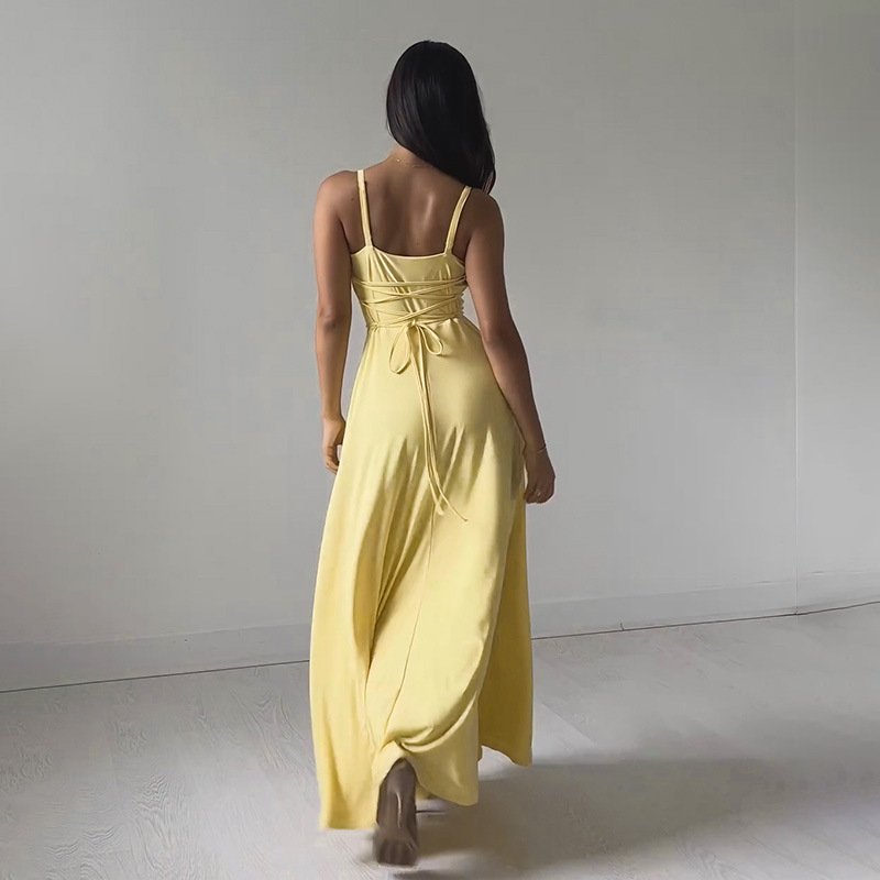 New Arrival Summer Elegante Slim Long Dress Low Collar Hige Waist Tie Spaghetti Strap Backless Dress Women Casual dress