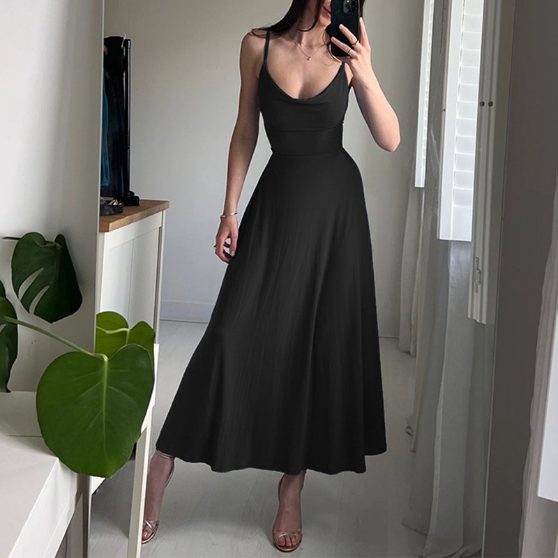 New Arrival Summer Elegante Slim Long Dress Low Collar Hige Waist Tie Spaghetti Strap Backless Dress Women Casual dress