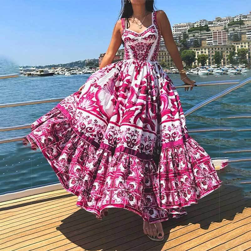 Bohemian Sleeveless Print A-line Dress Summer Simple High Waist Maxi Ladies Elegant Dresses Clothes Women Wholesale