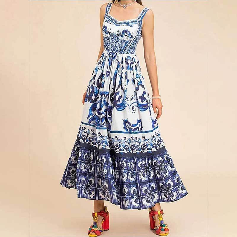 Bohemian Sleeveless Print A-line Dress Summer Simple High Waist Maxi Ladies Elegant Dresses Clothes Women Wholesale