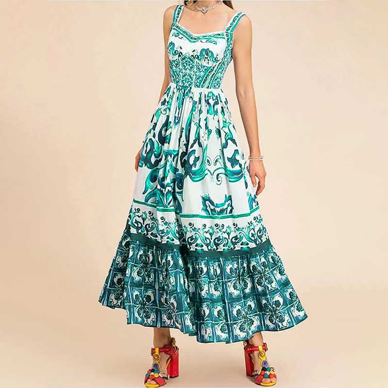 Bohemian Sleeveless Print A-line Dress Summer Simple High Waist Maxi Ladies Elegant Dresses Clothes Women Wholesale