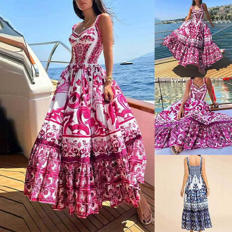 Bohemian Sleeveless Print A-line Dress Summer Simple High Waist Maxi Ladies Elegant Dresses Clothes Women Wholesale