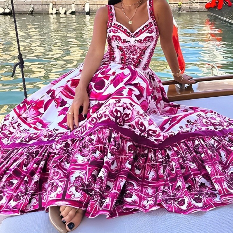 Bohemian Sleeveless Print A-line Dress Summer Simple High Waist Maxi Ladies Elegant Dresses Clothes Women Wholesale