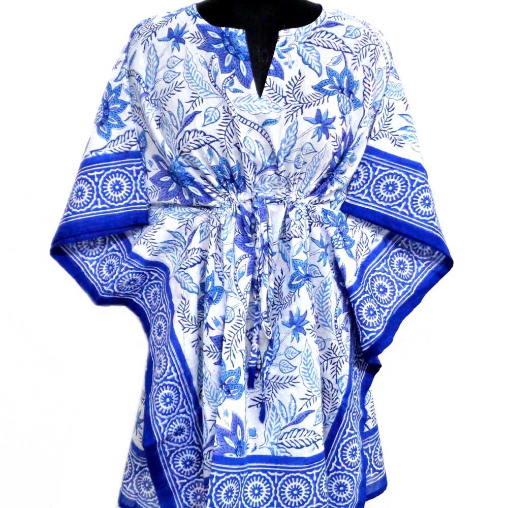 Bossanova blue open unique beach dress free size lady string hand block printed cotton kaftan For Sale