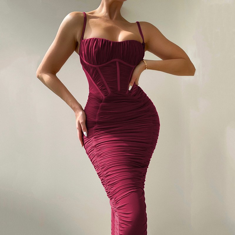 Liu Ming Hot Selling Fall Women Sleeveless Backless Pleated Maxi Dress