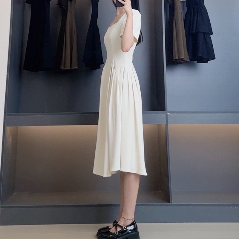Wholesale Hot Sale Solid Color Knitted Pocket Dress Square Collar Zipper White Summer Beach Party Office Casual Dress For Women