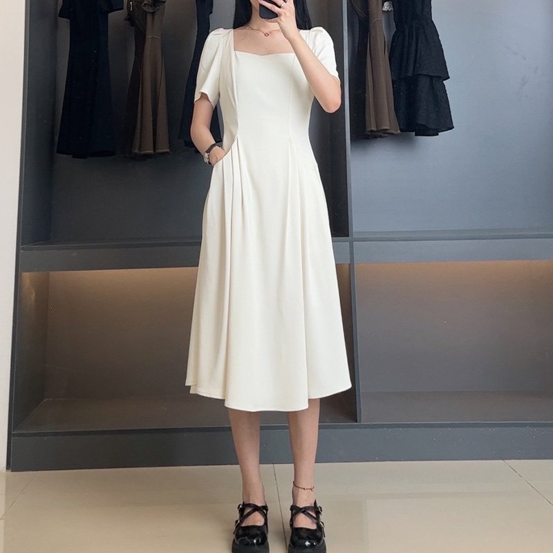 Wholesale Hot Sale Solid Color Knitted Pocket Dress Square Collar Zipper White Summer Beach Party Office Casual Dress For Women