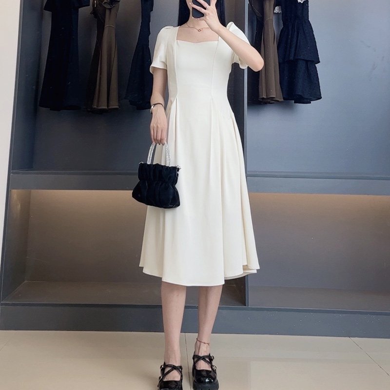 Wholesale Hot Sale Solid Color Knitted Pocket Dress Square Collar Zipper White Summer Beach Party Office Casual Dress For Women