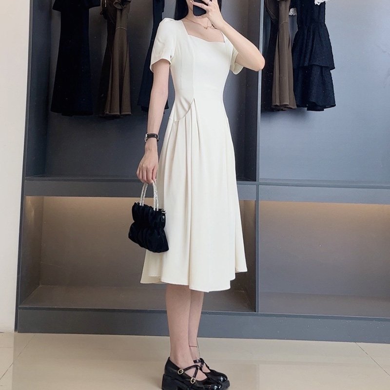 Wholesale Hot Sale Solid Color Knitted Pocket Dress Square Collar Zipper White Summer Beach Party Office Casual Dress For Women
