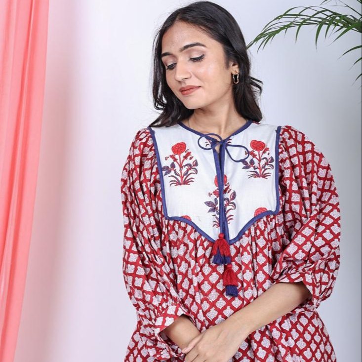 2024 Women Casual Dress Hand Block Print Floral Midi Length 3/4 Sleeves 100% Cotton Wholesale Evening Party Elegant Dress