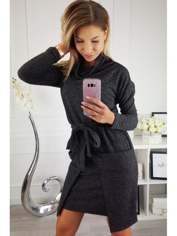 Prom Evening Long Sleeve Pockets Belt Loose Sweater Women Casual Dress