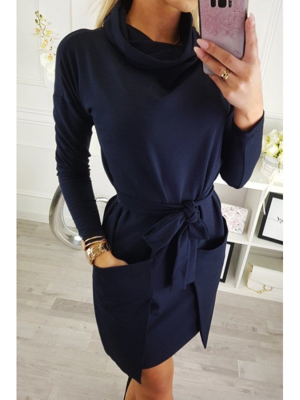 Prom Evening Long Sleeve Pockets Belt Loose Sweater Women Casual Dress