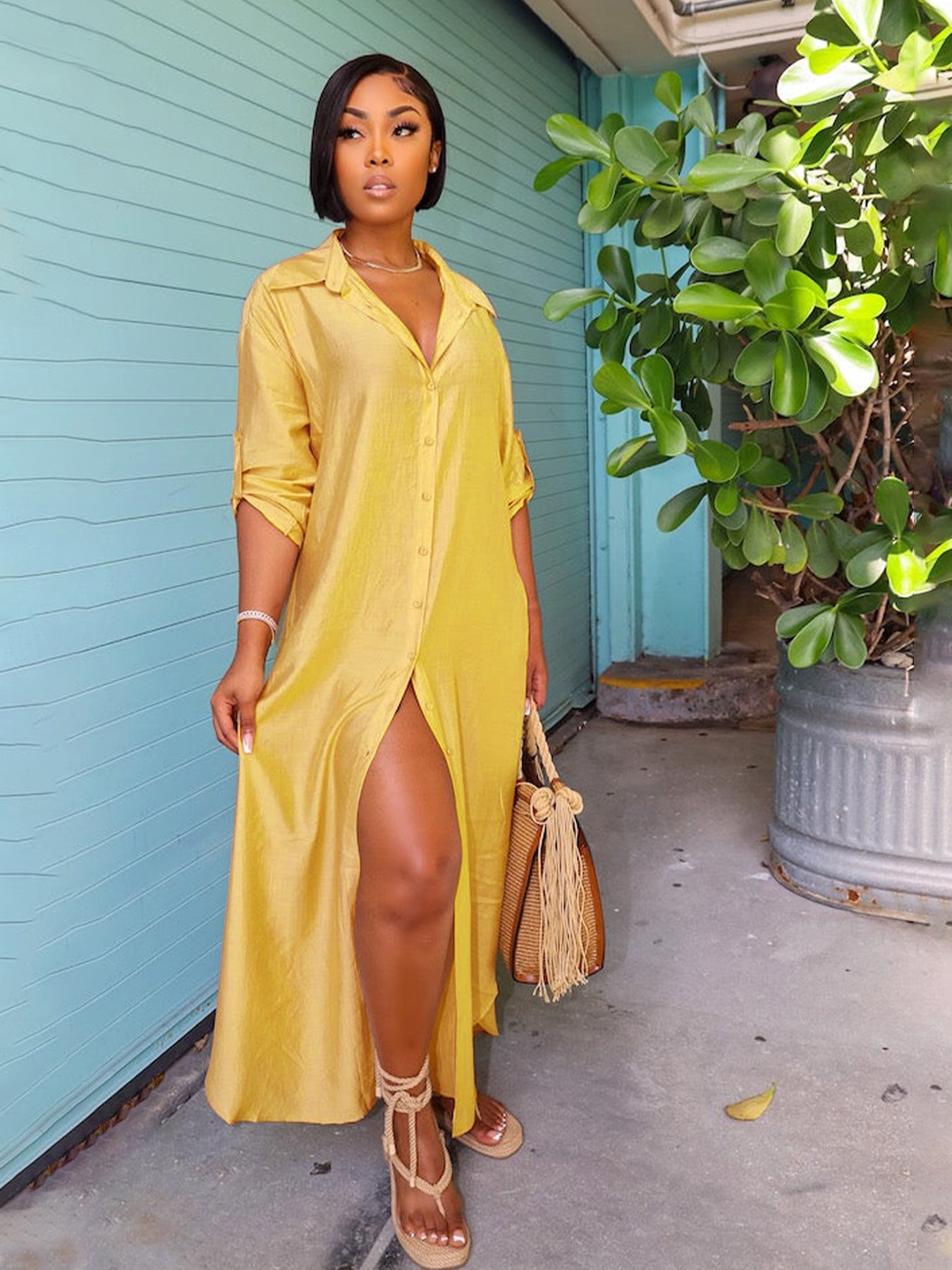 Casual fall solid color long sleeve satin loose shirt dress long shirt blouse