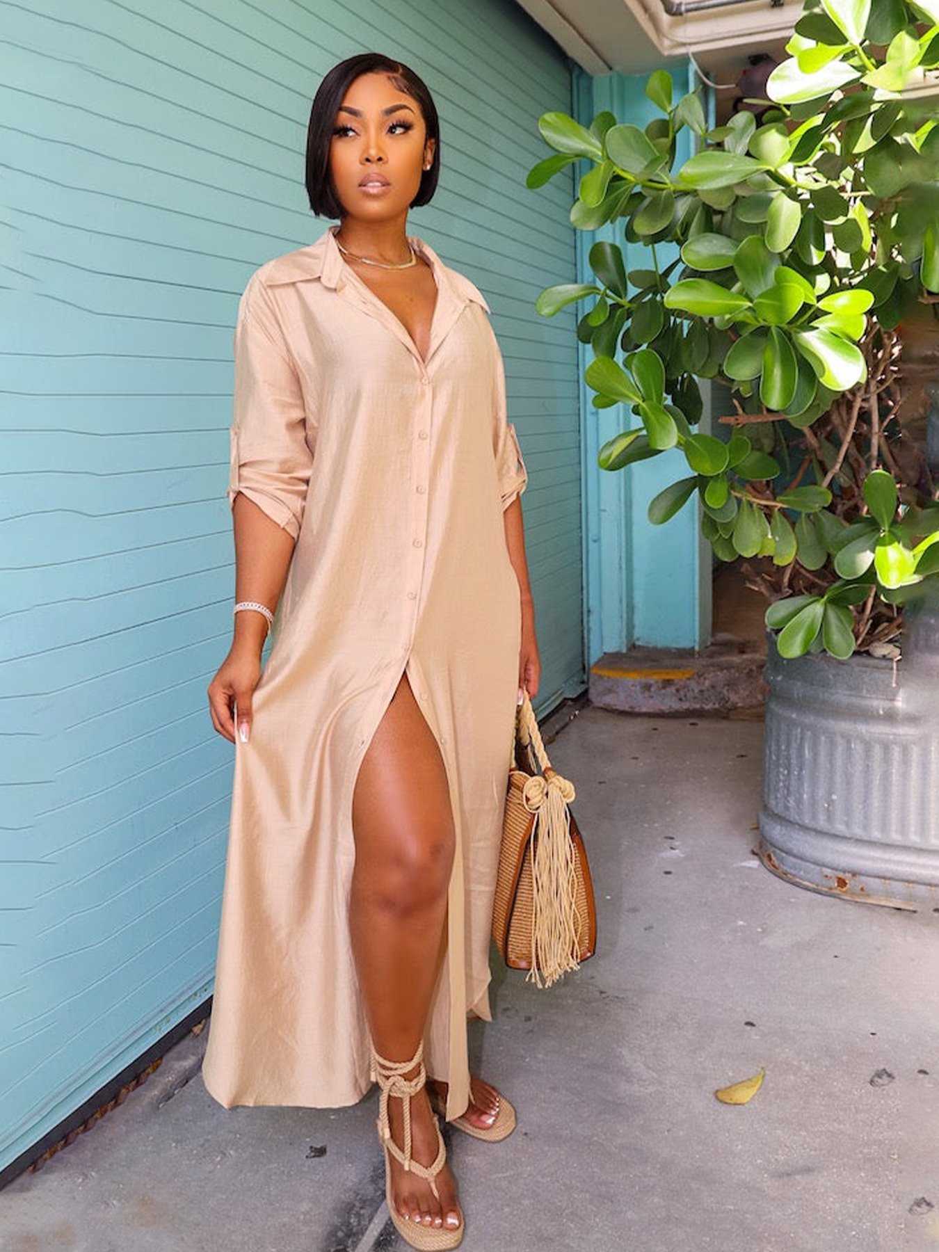 Casual fall solid color long sleeve satin loose shirt dress long shirt blouse