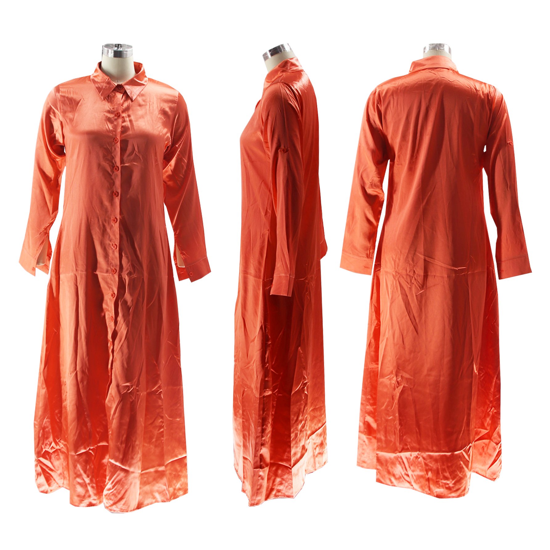 Casual fall solid color long sleeve satin loose shirt dress long shirt blouse