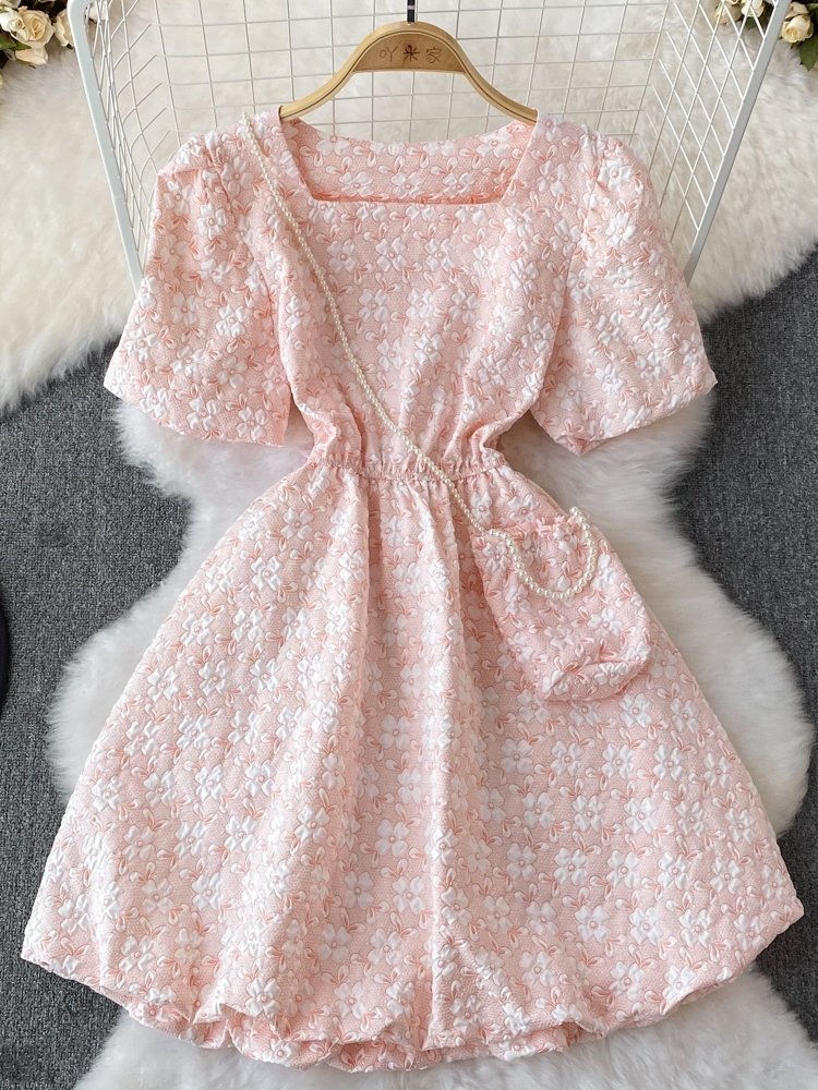 Wholesale 2024 Summer New Retro Style Women's Casual Dresses Bubble Sleeves Square Neck Waist Slimming Short Dresses