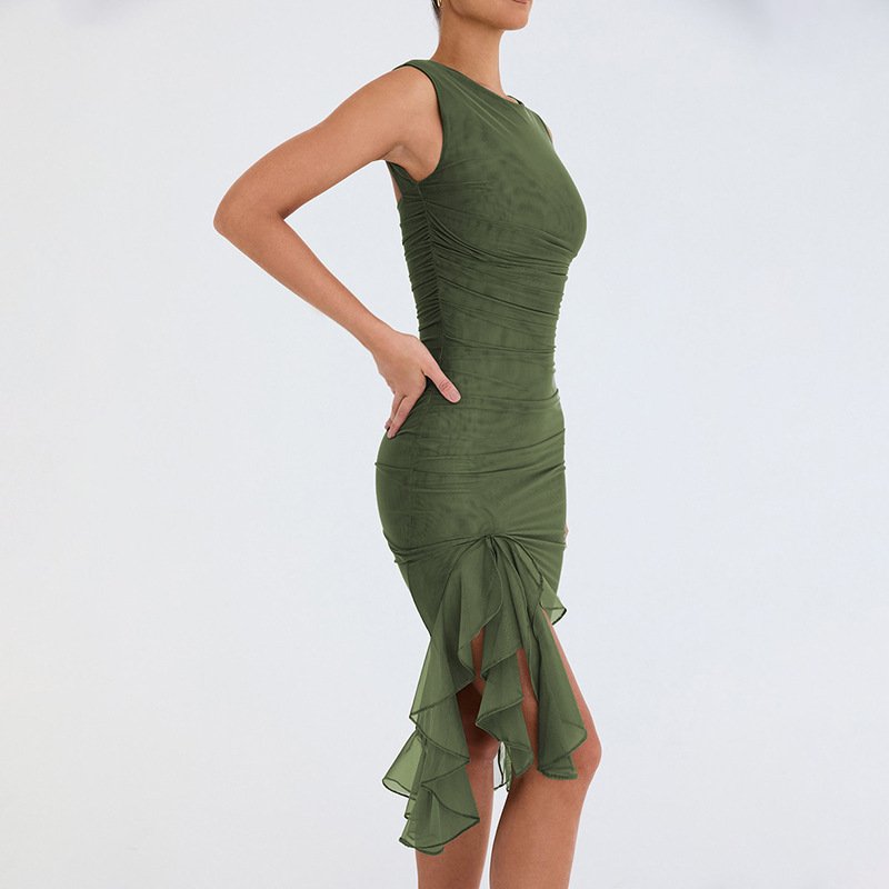 Round Collar Sleeveless Dresses Women Lady Elegant Mesh Folding Asymmetrical Hem Backless Casual Dresses for Women