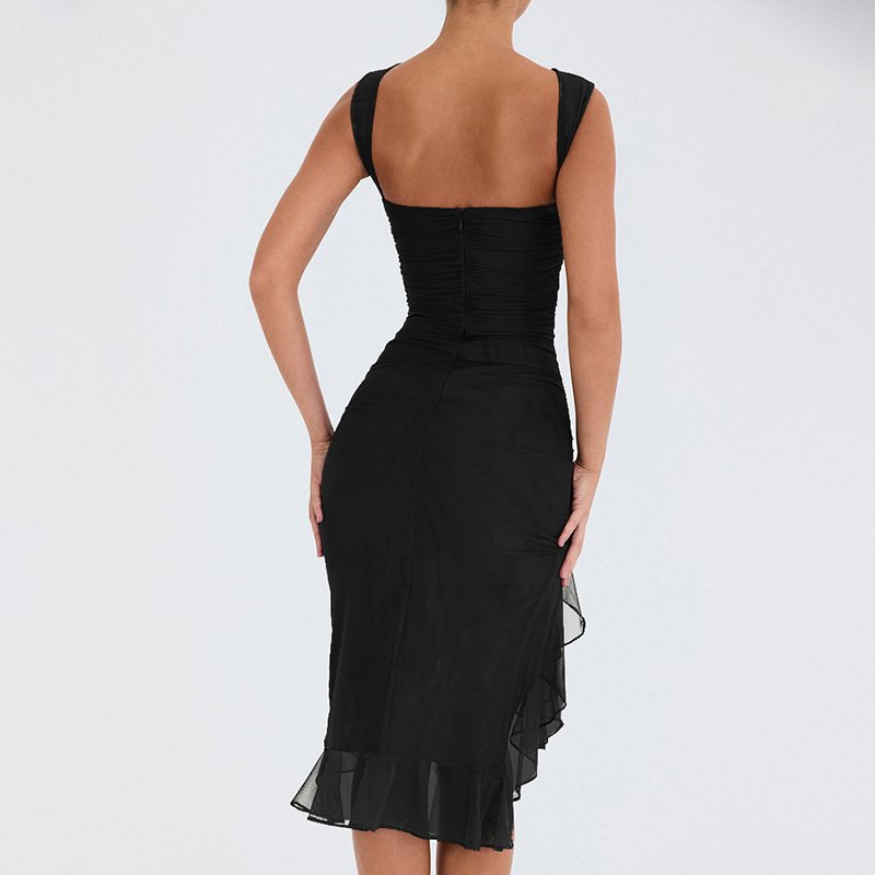 Round Collar Sleeveless Dresses Women Lady Elegant Mesh Folding Asymmetrical Hem Backless Casual Dresses for Women