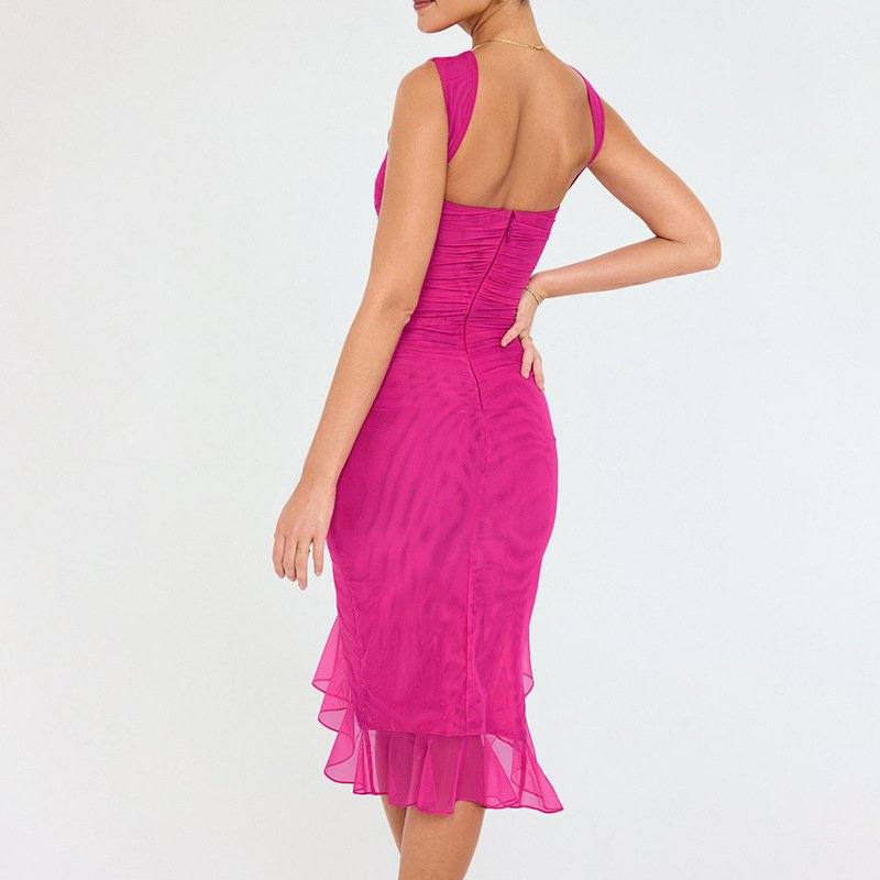 Round Collar Sleeveless Dresses Women Lady Elegant Mesh Folding Asymmetrical Hem Backless Casual Dresses for Women