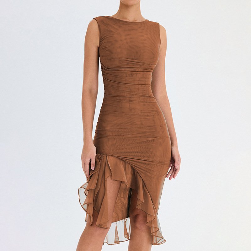 Round Collar Sleeveless Dresses Women Lady Elegant Mesh Folding Asymmetrical Hem Backless Casual Dresses for Women