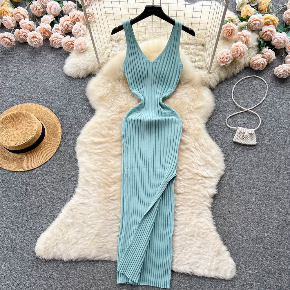 Fall Sleeveless Knitting Casual Dress Women High Waist Midi Pleated Clothes Women Acrylic Casual Dresses
