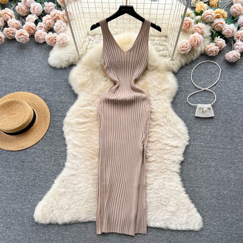 Fall Sleeveless Knitting Casual Dress Women High Waist Midi Pleated Clothes Women Acrylic Casual Dresses