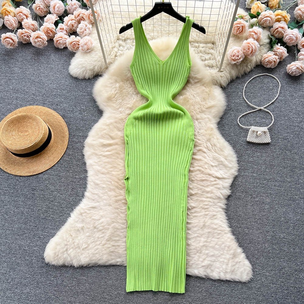 Fall Sleeveless Knitting Casual Dress Women High Waist Midi Pleated Clothes Women Acrylic Casual Dresses