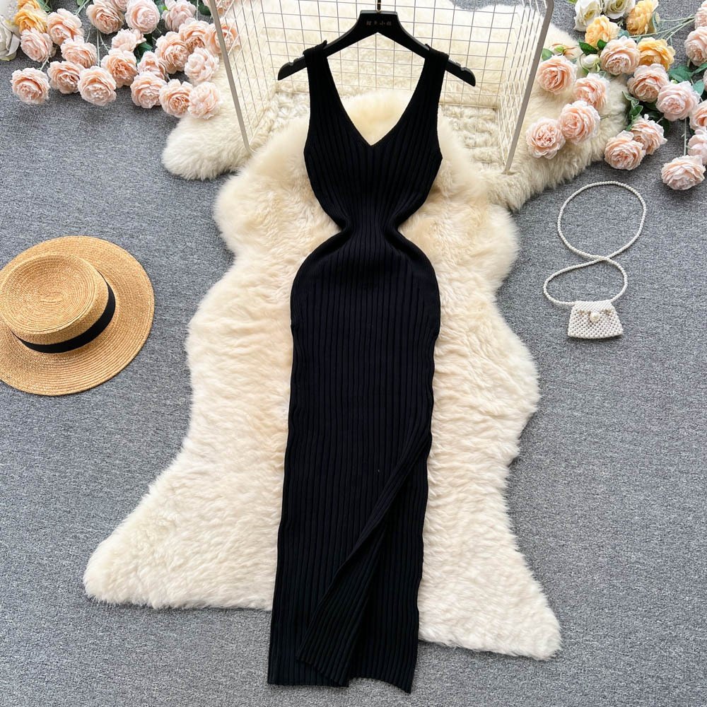 Fall Sleeveless Knitting Casual Dress Women High Waist Midi Pleated Clothes Women Acrylic Casual Dresses