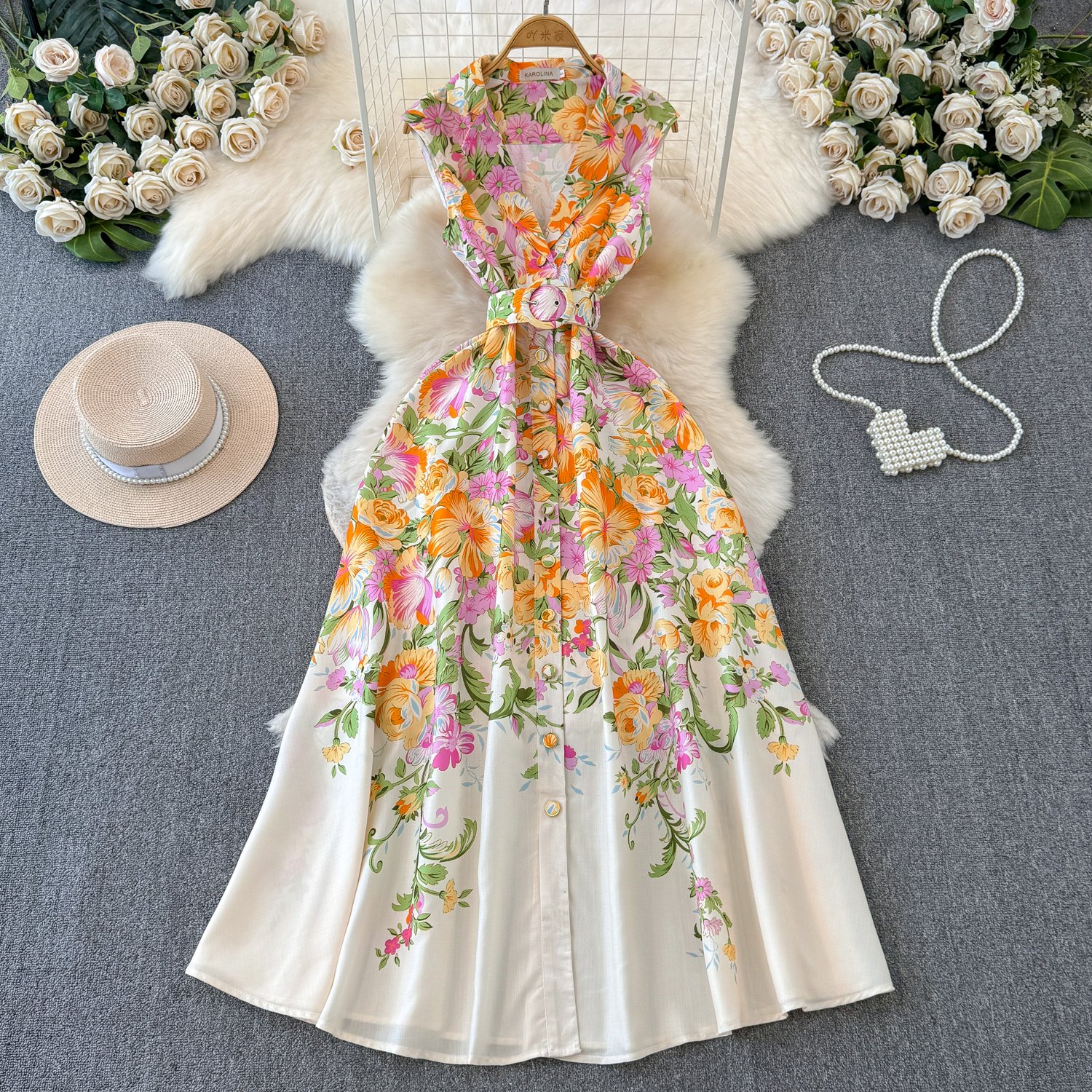 LE2558 2024 Women'S Boutique Maxi Printed Dresses Ladies Runway Suit Collar Flowers Long Dress Sleeveless Casual Holiday Dress