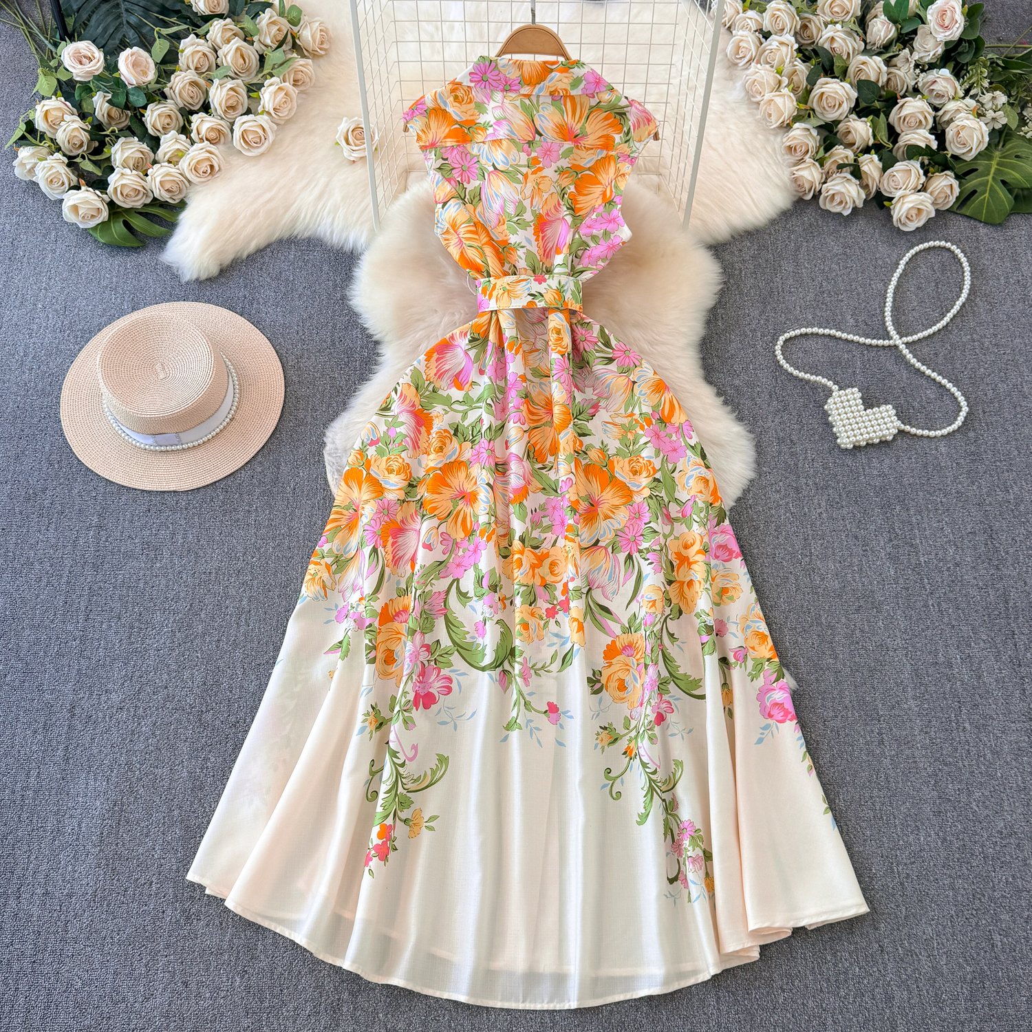 LE2558 2024 Women'S Boutique Maxi Printed Dresses Ladies Runway Suit Collar Flowers Long Dress Sleeveless Casual Holiday Dress