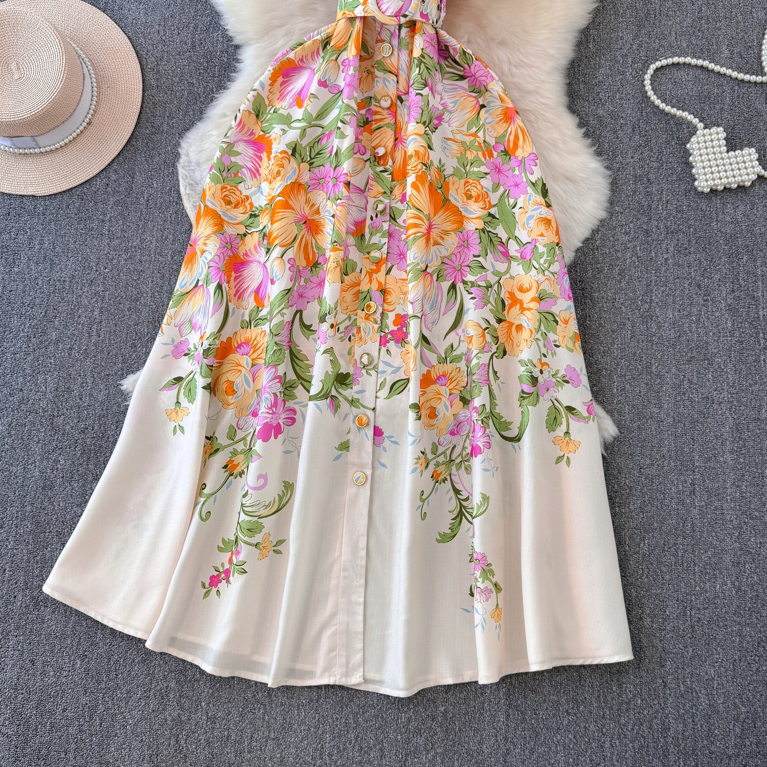 LE2558 2024 Women'S Boutique Maxi Printed Dresses Ladies Runway Suit Collar Flowers Long Dress Sleeveless Casual Holiday Dress
