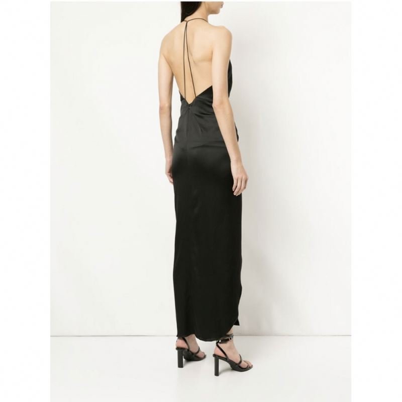Autumn Elegant Women Casual Dress Silk Satin V-neck Backless Slit Maxi Long Dress Natural OEM Service Short Zippers Adults Solid