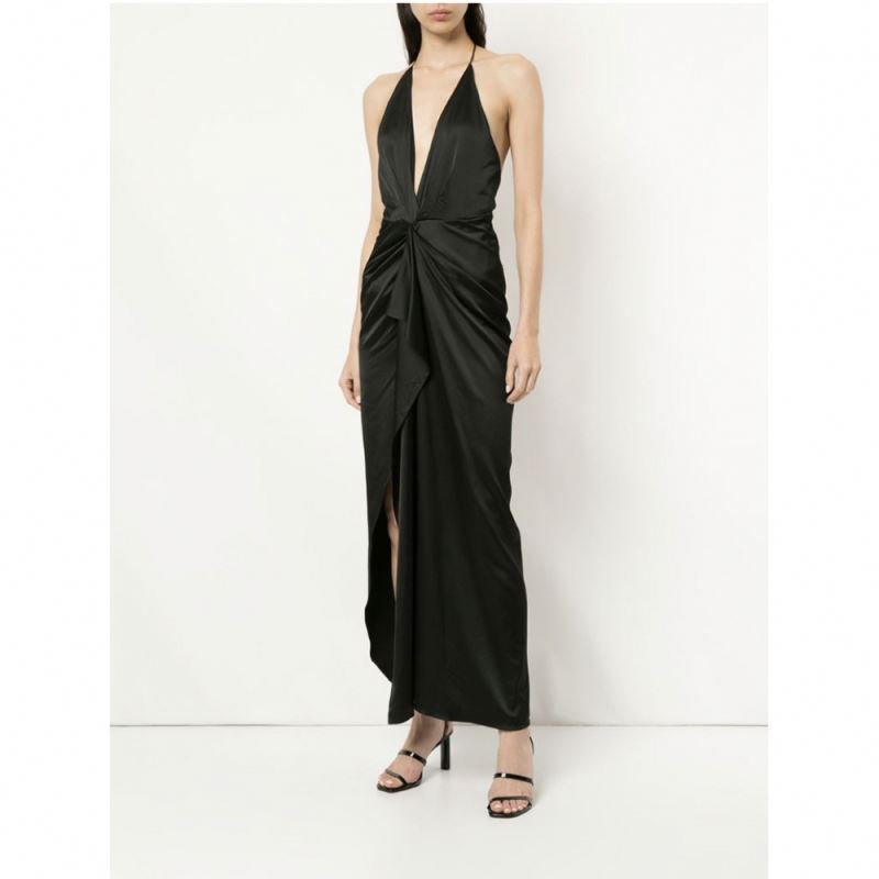 Autumn Elegant Women Casual Dress Silk Satin V-neck Backless Slit Maxi Long Dress Natural OEM Service Short Zippers Adults Solid