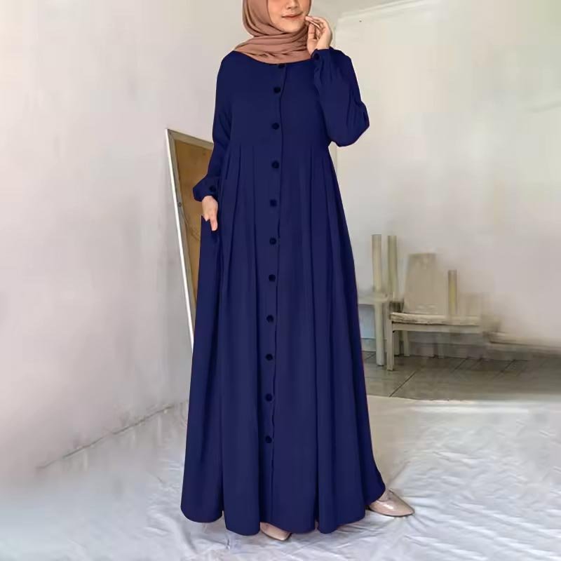 Simple New Fashion Long Sleeve Button Casual Dress for Dubai Turkish Women Muslim Adult Abaya Made of Polyester for Prayer