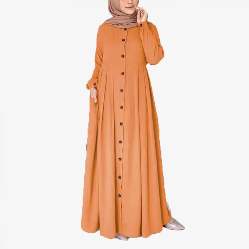 Simple New Fashion Long Sleeve Button Casual Dress for Dubai Turkish Women Muslim Adult Abaya Made of Polyester for Prayer