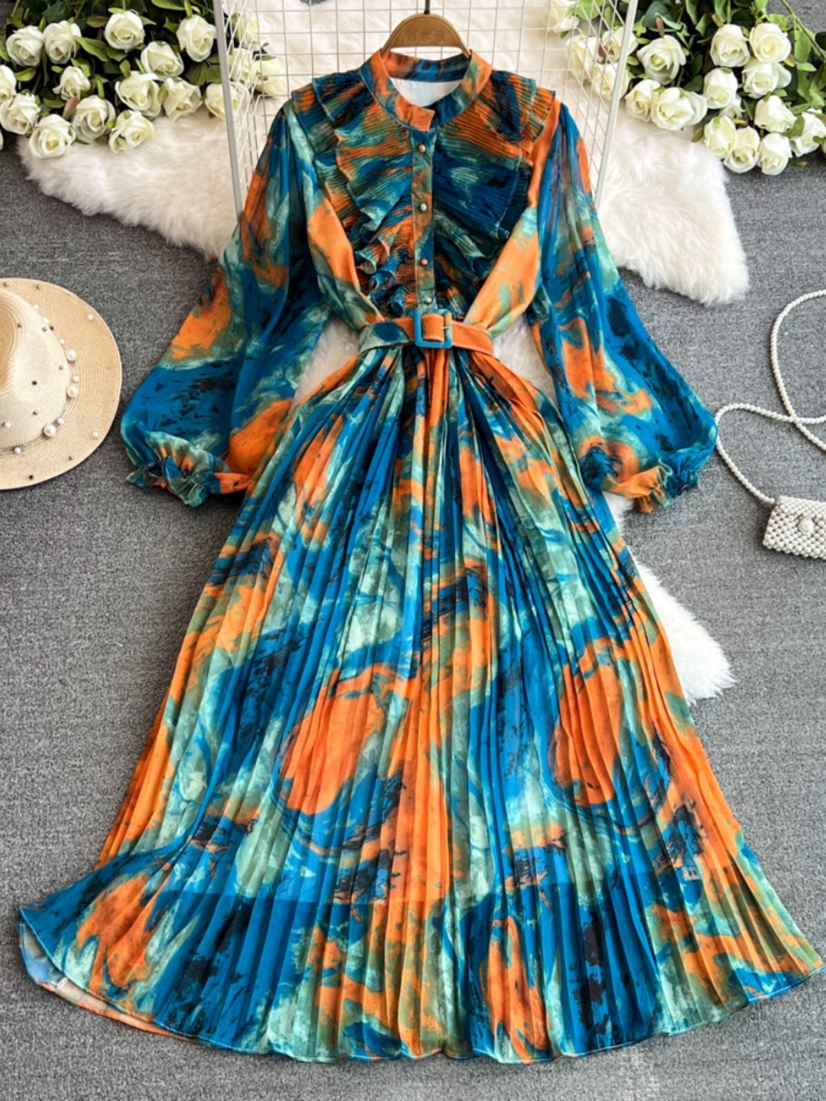 Retro temperament stand up collar long sleeved waist slimming print pleated dress elegant large hem mid length skirt for women