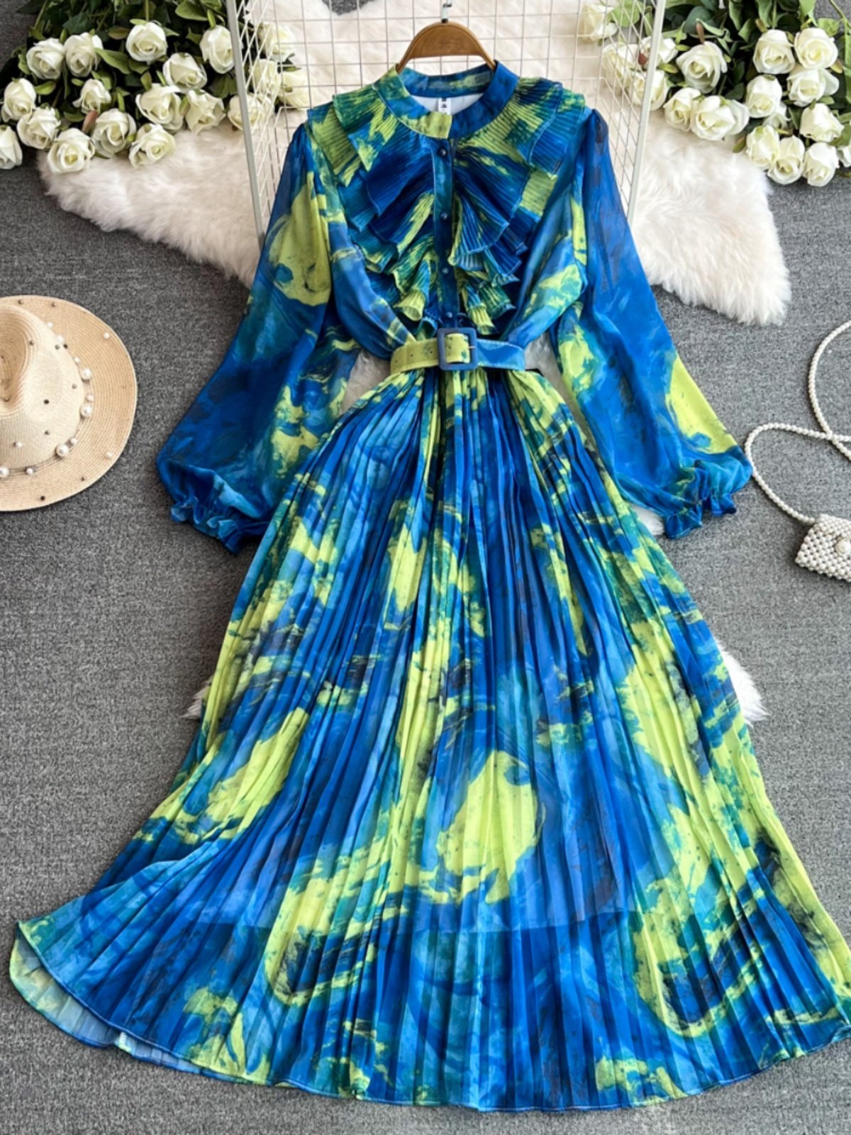 Retro temperament stand up collar long sleeved waist slimming print pleated dress elegant large hem mid length skirt for women