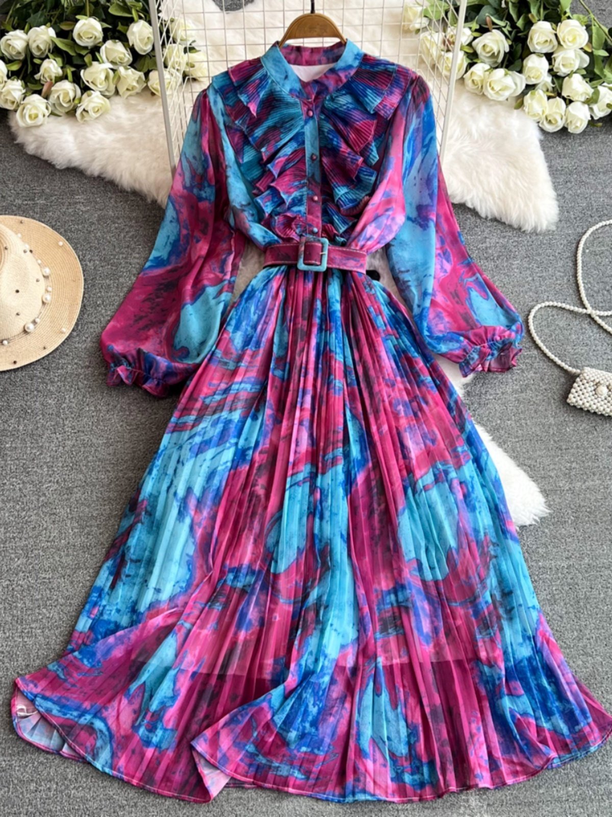 Retro temperament stand up collar long sleeved waist slimming print pleated dress elegant large hem mid length skirt for women