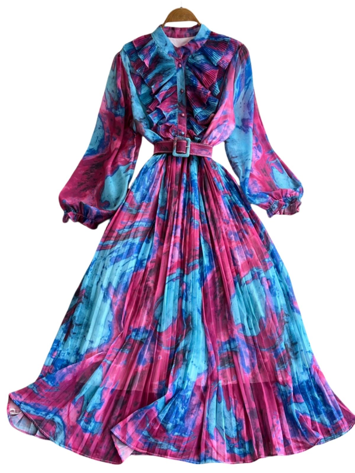 Retro temperament stand up collar long sleeved waist slimming print pleated dress elegant large hem mid length skirt for women