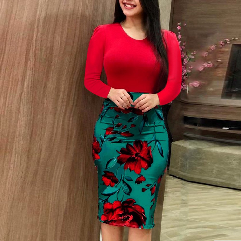 Elegant Women Dress Over Sized Sexy Floral Pencil Dresses Short Long Sleeve Evening Party Casual Dress