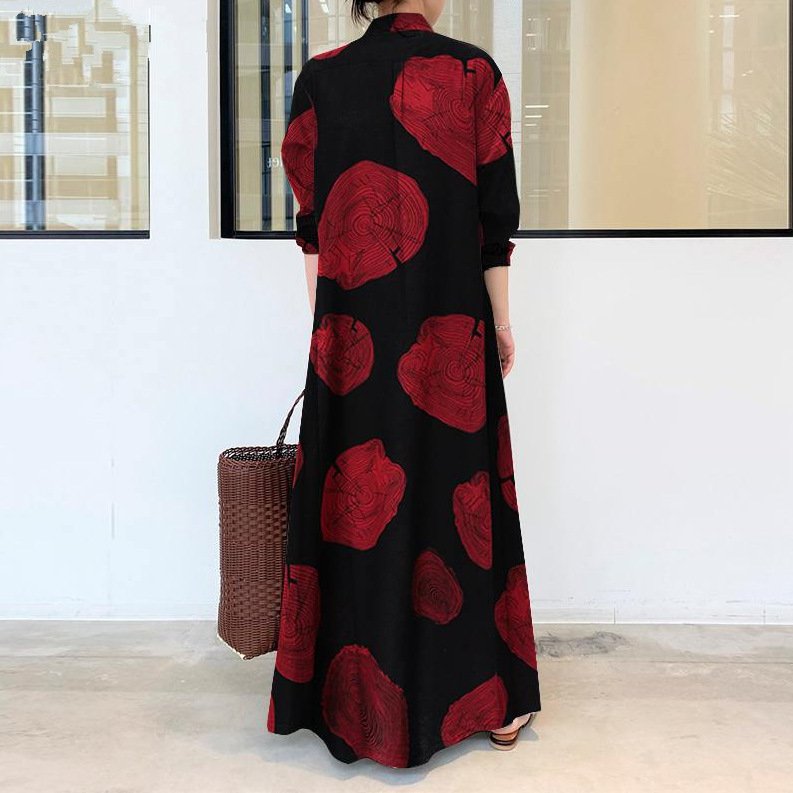 Patchwork Print Casual Shirts Dress For Women Lapel Loose Long Sleeve Single Breasted Floor Dresses Female
