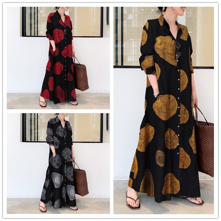 Patchwork Print Casual Shirts Dress For Women Lapel Loose Long Sleeve Single Breasted Floor Dresses Female