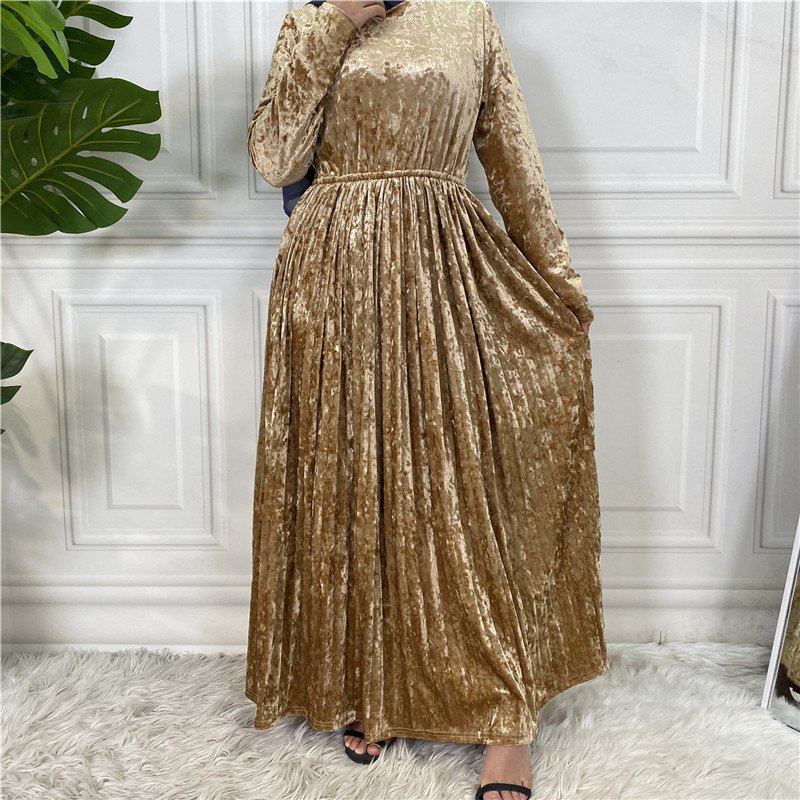 New Winter Velvet Long Muslim Women Dress Solid Simple Islamic Clothing Maxi Casual Abaya Dress Dubai
