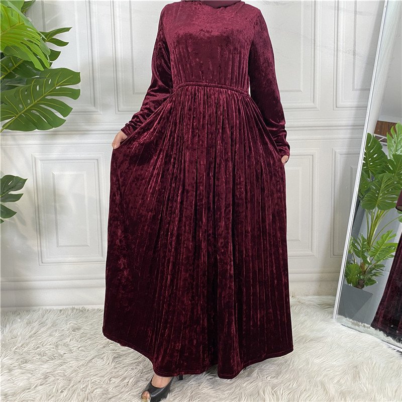 New Winter Velvet Long Muslim Women Dress Solid Simple Islamic Clothing Maxi Casual Abaya Dress Dubai