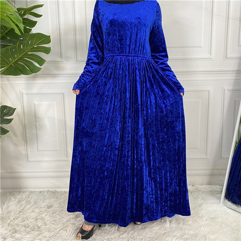 New Winter Velvet Long Muslim Women Dress Solid Simple Islamic Clothing Maxi Casual Abaya Dress Dubai