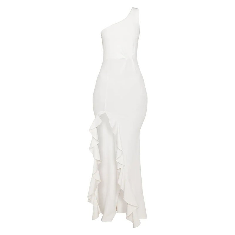 White One Shoulder Ruffle Hem Party Dress Figure-Hugging Fit Elegant Women Maxi Dress