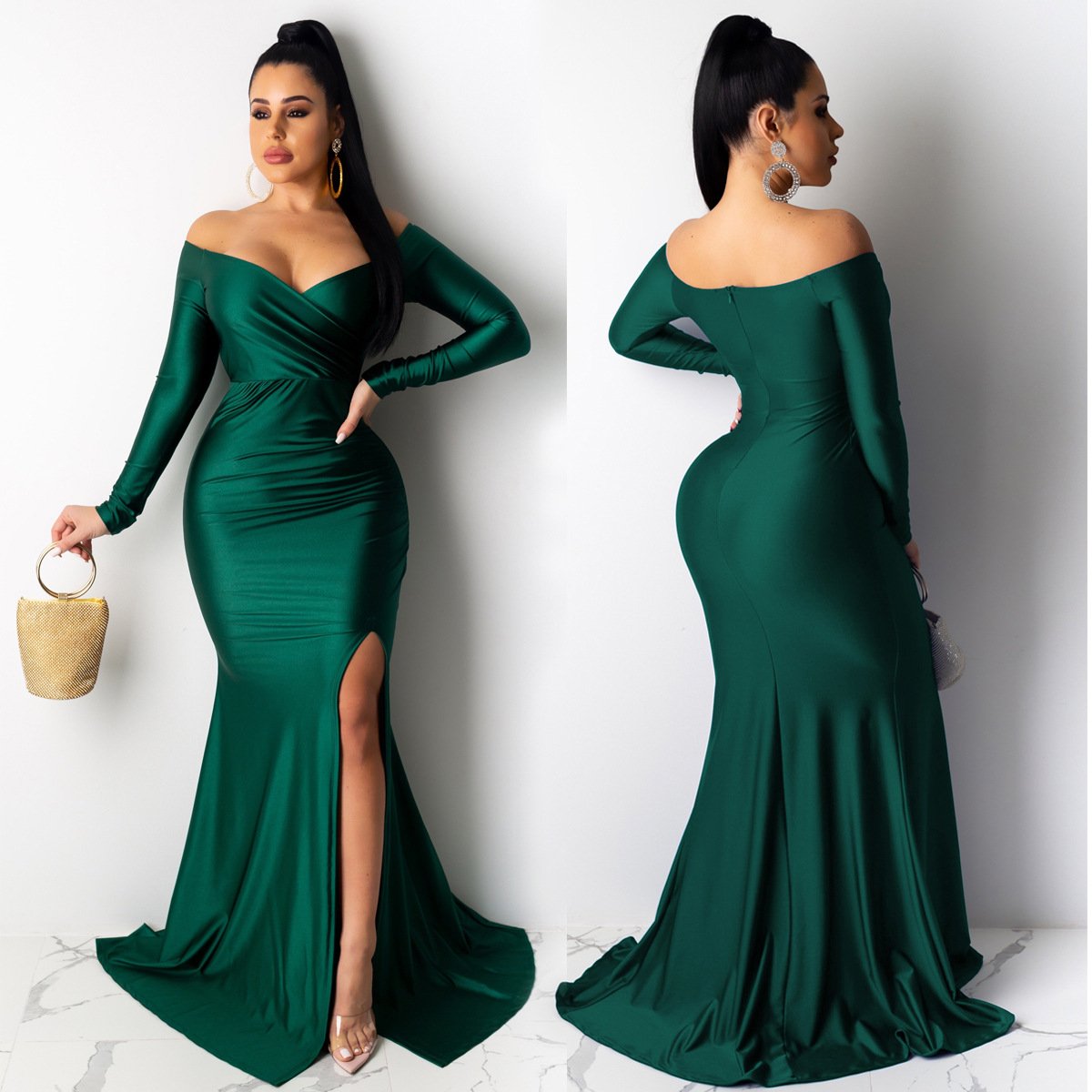 2024 New Arrival Women One Shoulder Evening Dresses Women Long Sleeve Solid Color Length Split V-neck Casual Dress
