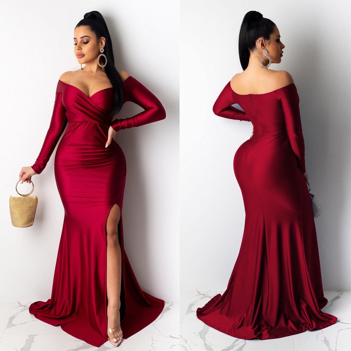 2024 New Arrival Women One Shoulder Evening Dresses Women Long Sleeve Solid Color Length Split V-neck Casual Dress